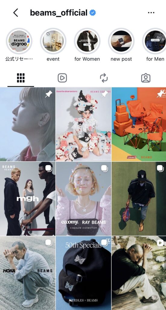 BEAMS公式Instagramのプロフィール画面